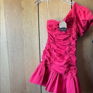 Main Strip Red Ruched One-Shoulder Dress